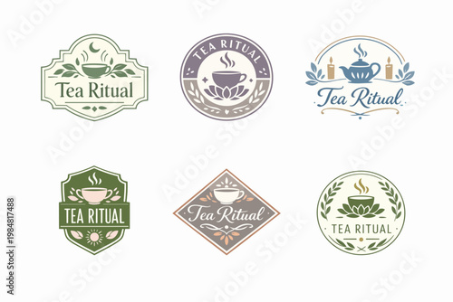 Set of vintage elegance tea ritual logos, emblems with hot steaming cups, leaves, teapot, and lotus flower designs