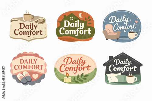 Daily comfort stickers collecting cozy elements and hygge lifestyle symbols for branding and wellness