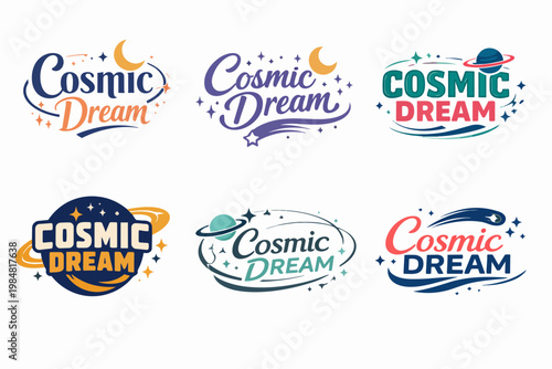 Cosmic dream logo collection featuring various styles with typography, stars, moons, and planets for astronomical branding