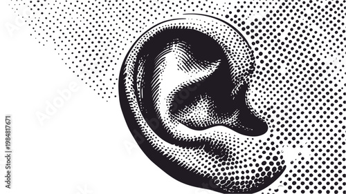 A detailed vector illustration of a human ear with a halftone effect background