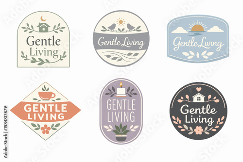 Gentle living logo badges collection representing cozy, minimalist, and natural lifestyle themes for branding