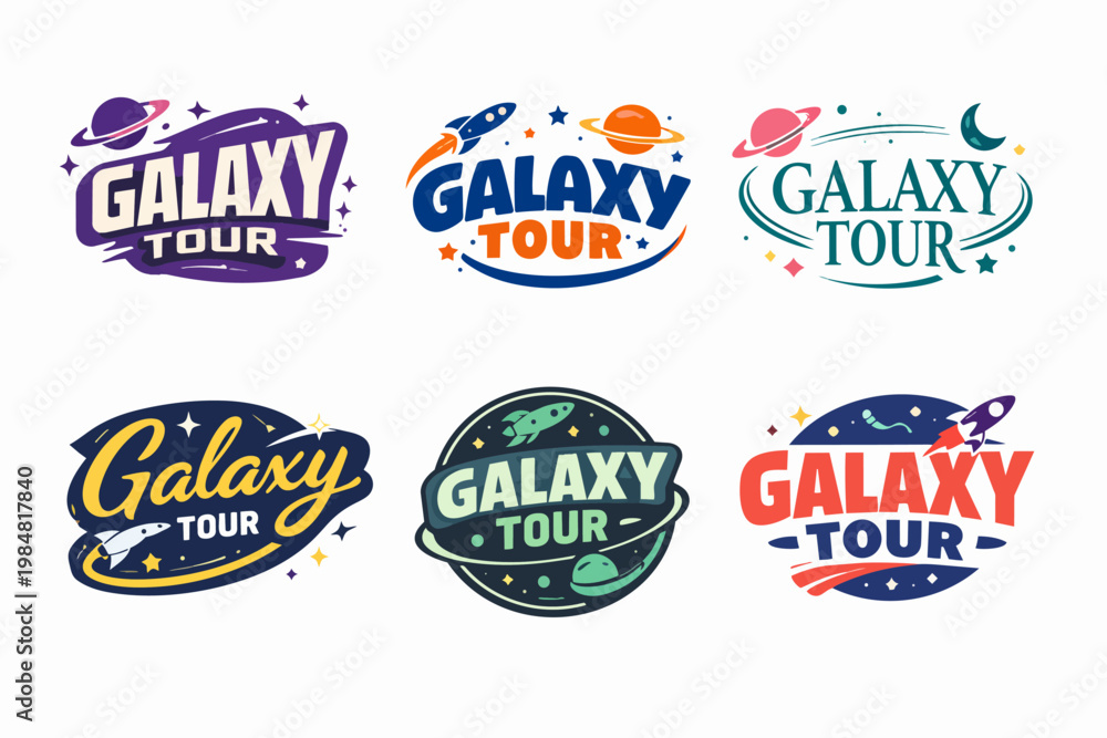 Fototapeta premium Galaxy tour text logos collection featuring rockets, planets, and stars for cosmic exploration and space travel branding