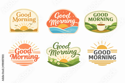 Good morning lettering collection with sun, hills, waves, and coffee cup designs for greetings and labels