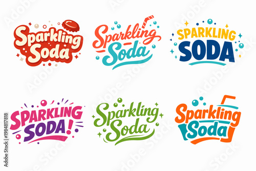 Collection of colorful cartoon labels for sparkling soda drinks, featuring vibrant typography and playful elements