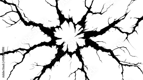 Black cracked surface with radial fractures on a white background vector illustration