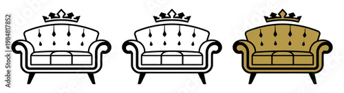 Regal armchair designs with crown motifs in various illustration styles and colors