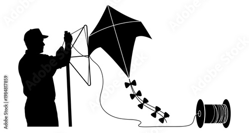 Man with kite on spool during daylight against white background silhouette