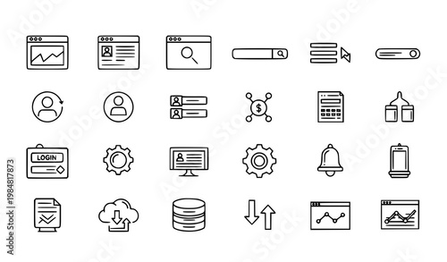 Modern website thin line icons vector set with web interface browser dashboard and UI symbols in clean outline style