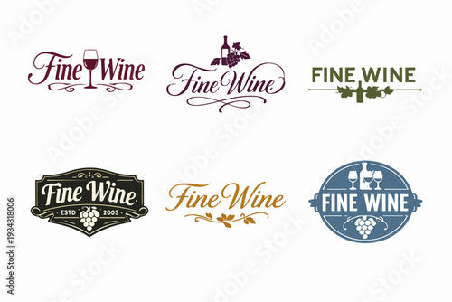 Fine wine logos collection with different typography, icons, and frames, perfect for wine branding and marketing