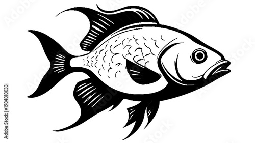 Black and white vector illustration of a fish with detailed fins