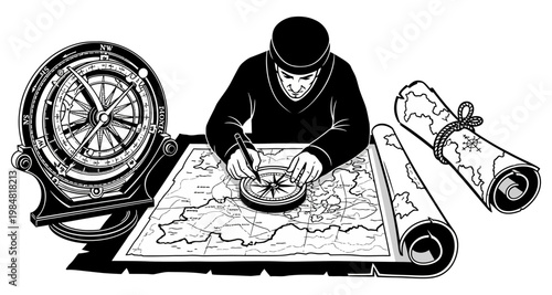 Navigator drawing on map with compass and scroll during exploration silhouette