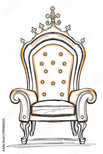 Ornate throne chair with crown design elements and tufted backrest in vector illustration