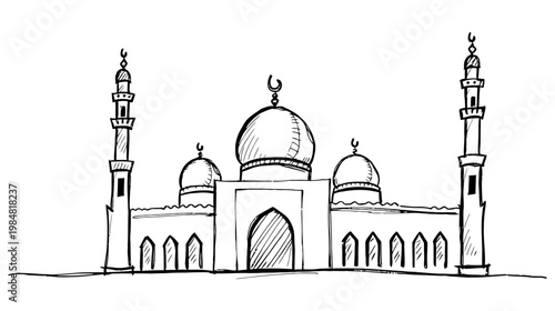 Vector illustration of a mosque with domes and minarets in a simple design