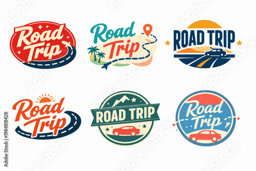 Set of vintage road trip design elements, badges, stickers, and logos for travel and vacation concepts, vector graphics
