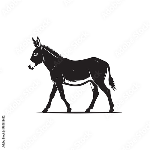  Black silhouette donkey walking on white background minimalist vector illustration