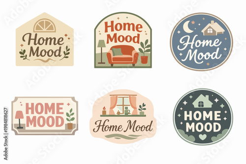 Collection of home mood stickers with cozy interior scenes, homes, furniture, and plants in a hygge aesthetic design