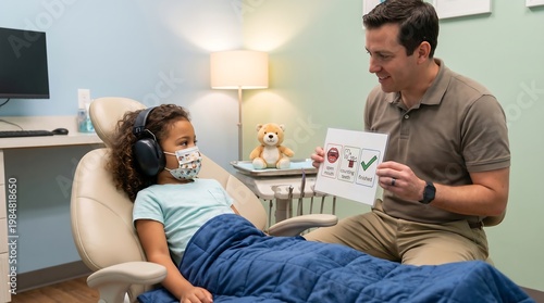 Pediatric Dentist Showing Visual Aid to Young Girl Wearing Noise-Canceling Headphones and Face Mask During Checkup at Dental Office