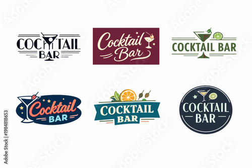 Cocktail bar logos and emblems set offering vintage and modern designs for branding a drink establishment