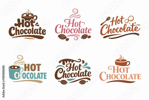 Hot chocolate logo collection, set of badges featuring typography, cocoa beans, mugs for cafes and winter drinks