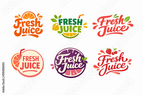Fresh juice labels and logotypes set representing healthy drink concepts with various fruit and berry elements