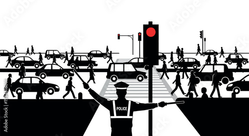 Traffic officer directing cars and pedestrians at a busy intersection with red traffic light traffic jam black and white busy street intersection transportation pedestrian
