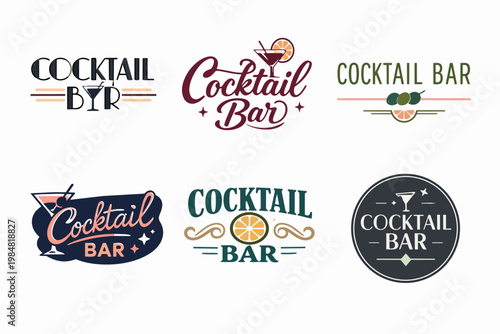 Six flat style cocktail bar logos featuring martini glasses, citrus slices, and olives, ideal for branding