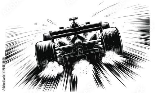 A black and white illustration of a speeding race car with motion lines isolated on white background