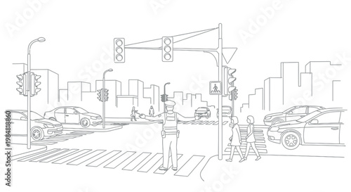 Sketch of a police officer directing traffic at a city intersection with cars and traffic signals traffic light hand drawn line art traffic control intersection illustration