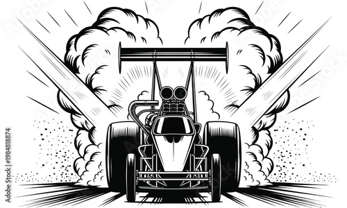Black and white illustration of a speeding race car with smoke and motion lines isolated on white background