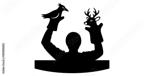 Puppeteer with bird and deer hand puppets against white background silhouette