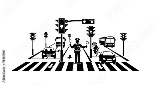 Traffic policeman with batons and traffic lights at a busy intersection with cars buses motorcycles on a crosswalk traffic control road safety intersection crosswalk