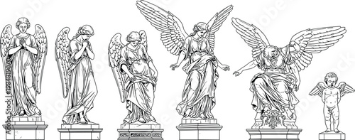 Black and white vector collection of classical angel statues and a cherub on pedestals in detailed renaissance etching line art.