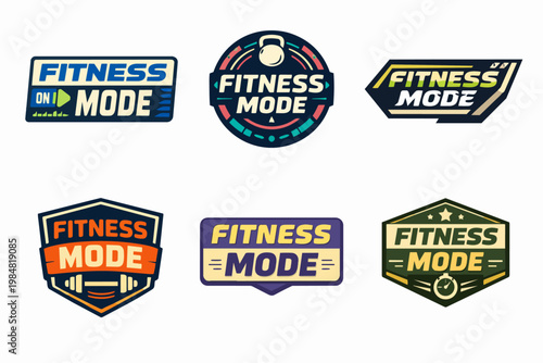 Fitness mode labels set with various designs, emblems, and badges for gym, sports, training, and workout concepts