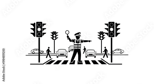 Traffic police officer directing traffic with a flashlight and traffic lights showing red traffic control traffic light traffic management pedestrians crosswalk intersection
