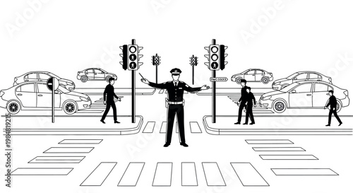 Line art of police officer directing traffic with cars and pedestrians at crosswalk traffic lights zebra crossing crosswalk pedestrians illustration intersection transport