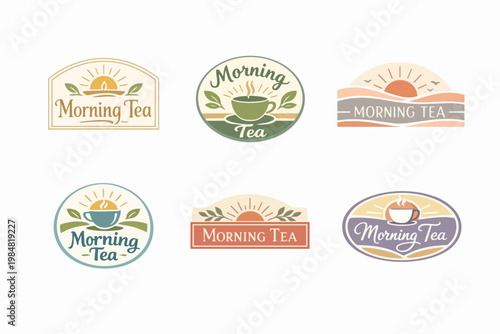 Morning tea logos collection representing hot beverages, caffeine drinks, and sunrise symbols for cafe branding