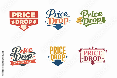 Collection of different price drop labels and stickers showing retail sale, discount, and promotion concepts for commerce