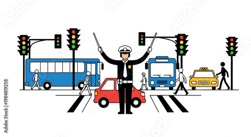 Traffic controller in uniform batons raised directing vehicles at a busy intersection with colorful traffic lights traffic cop police officer traffic management