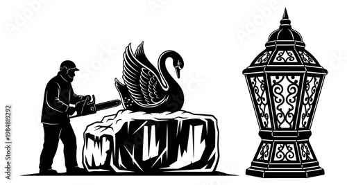 Silhouette of a man carving an ice swan with a chainsaw beside an ornate lantern