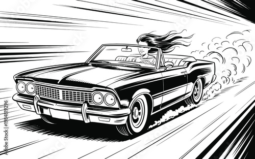 Black and white illustration of a woman speeding in a classic convertible car on a road