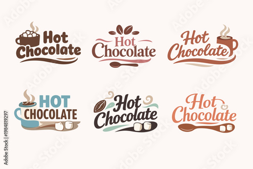 Hot chocolate labels set featuring various steaming mugs, cocoa beans, marshmallows, and spoons for beverage branding