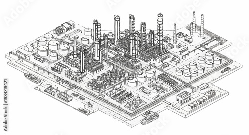 Detailed isometric line drawing of a large industrial oil refinery complex with multiple towers and storage tanks.