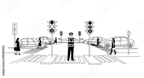 Traffic policeman directing traffic at an intersection with cars and pedestrian crossing in sketch style traffic police traffic lights traffic signal black and white guidance