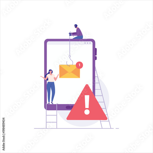 Phishing email alert on smartphone mobile device with tiny people illustration concept.