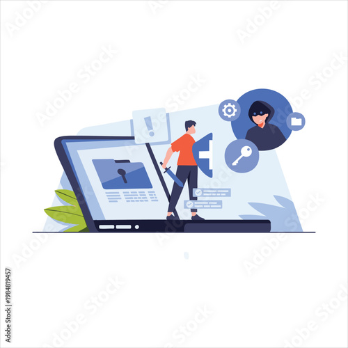 Data protection concept with person defending laptop from cyber attack, digital security.