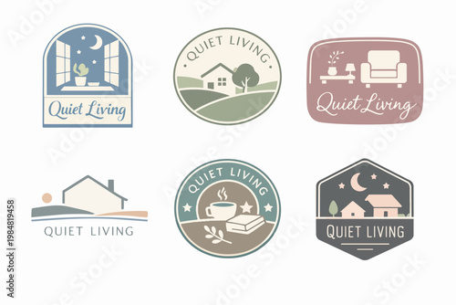 Quiet living concept badges depicting cozy houses, minimalist furniture, nature, comfort items, and a tranquil atmosphere