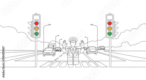 Traffic controller directing traffic at a pedestrian crossing with traffic lights showing red and green traffic flow line art zebra crossing road sign traffic control