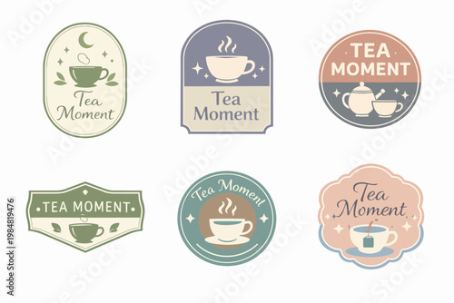 Tea moment logo collection with various vintage style badges and labels depicting hot cups, teapots, and steam