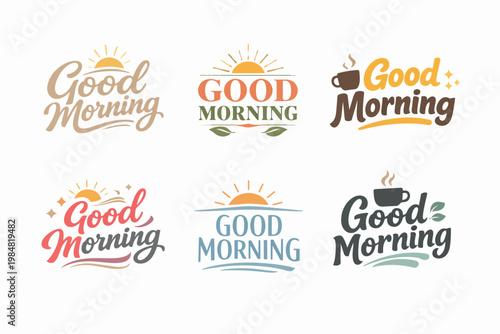 Collection of good morning greetings design element with typography, sunrise, coffee cup, and lettering for banners