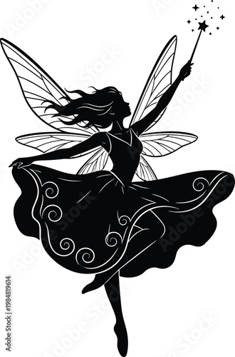фотографія Black white silhouette of an enchanting flying fairy with delicate wings holding magic wand with sparkles for fantasy story design